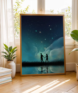 Pareja romántica paseando bajo la noche estrellada con reflejos celestiales
