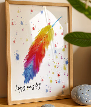Colorful feather with inspirational message on abstract paint splatter background