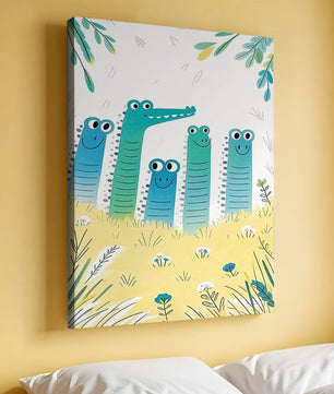 Illustration of Happy Cartoon Crocodiles in a Colorful Meadow - Mi tienda