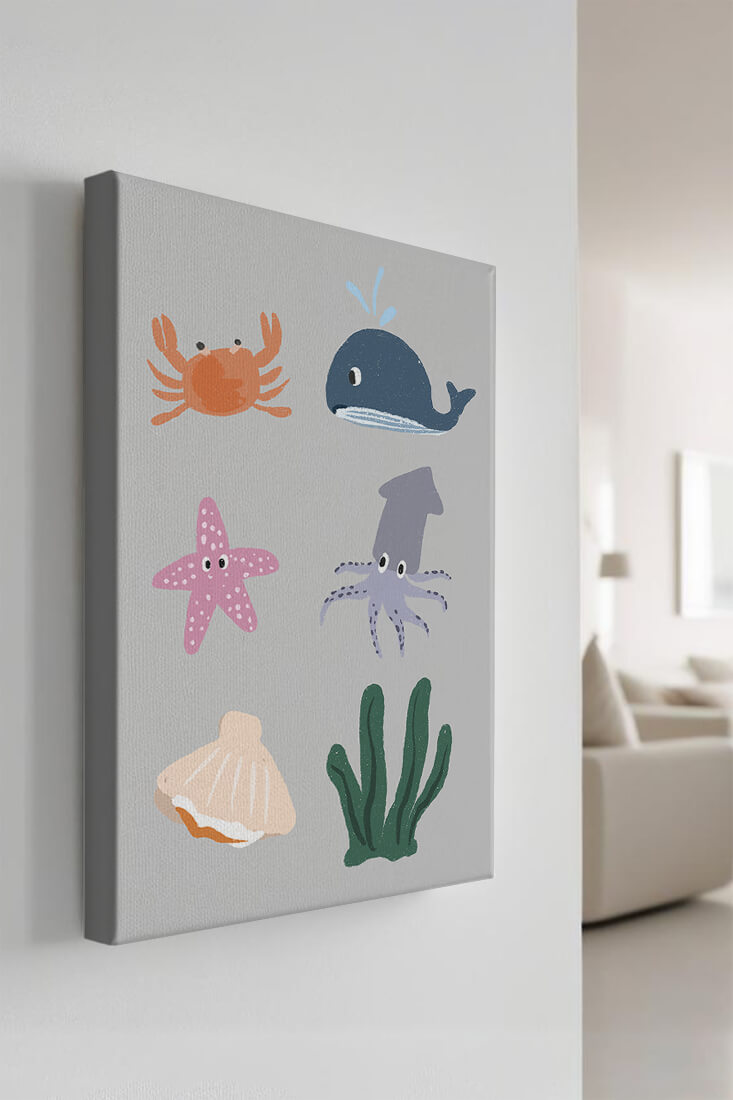 Illustration of whimsical sea creatures and marine elements on a grey background
