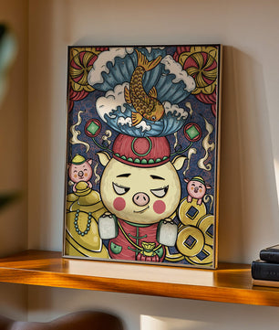 Colorful illustration featuring a whimsical pig and koi fish with decorative elements