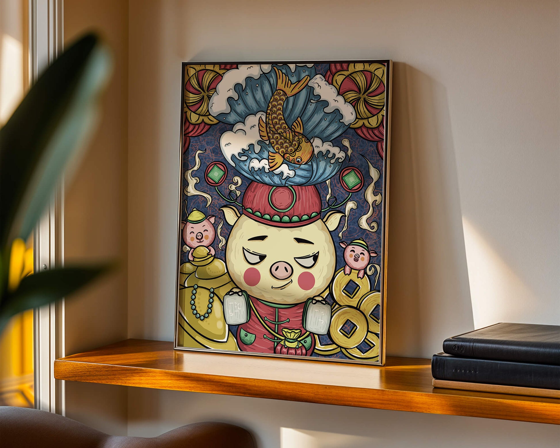 Colorful illustration featuring a whimsical pig and koi fish with decorative elements