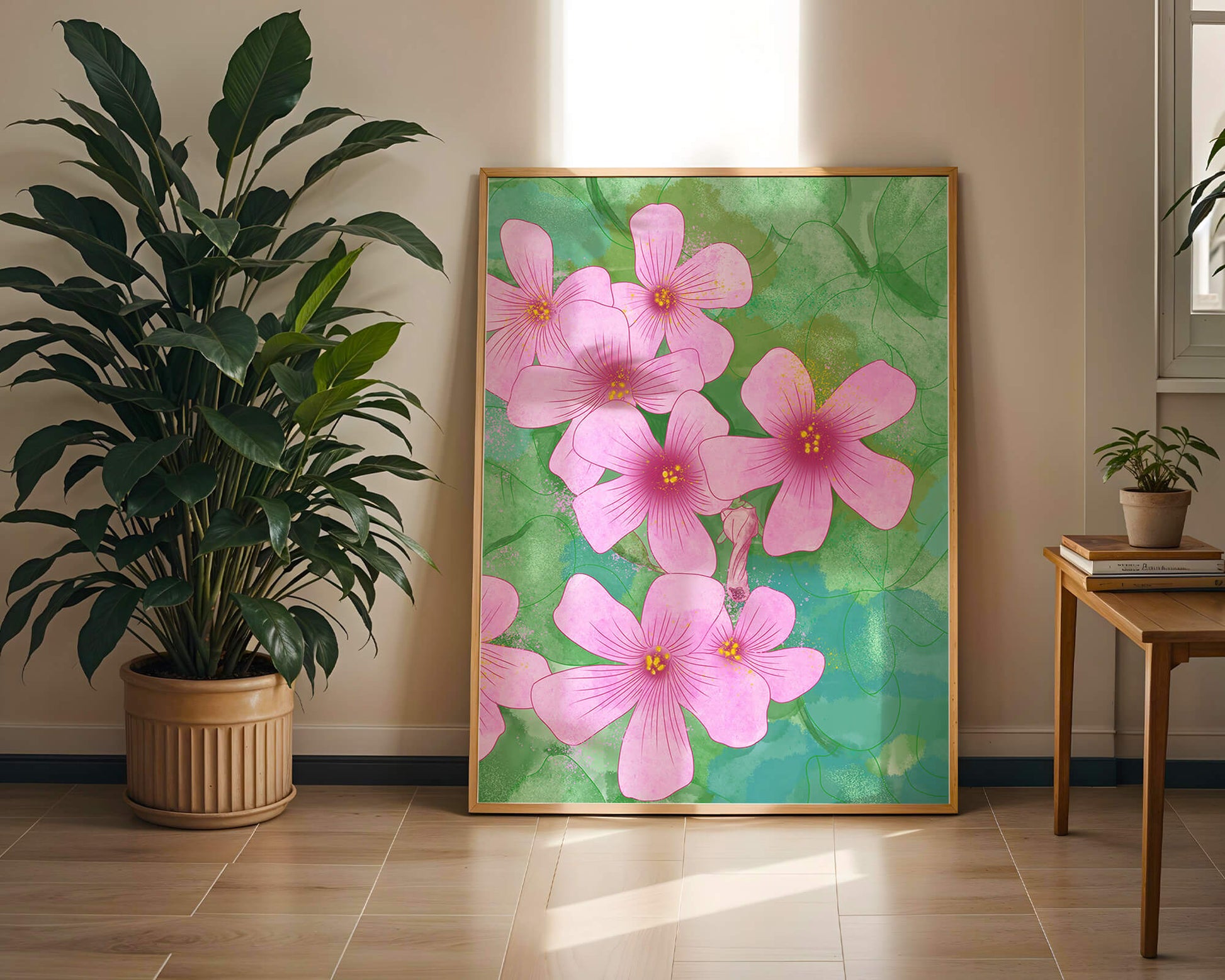 Zarte rosa Blüten auf einem leuchtend grünen Hintergrund Illustration