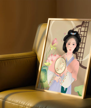 Elegant traditional Asian woman in pastel attire with floral background