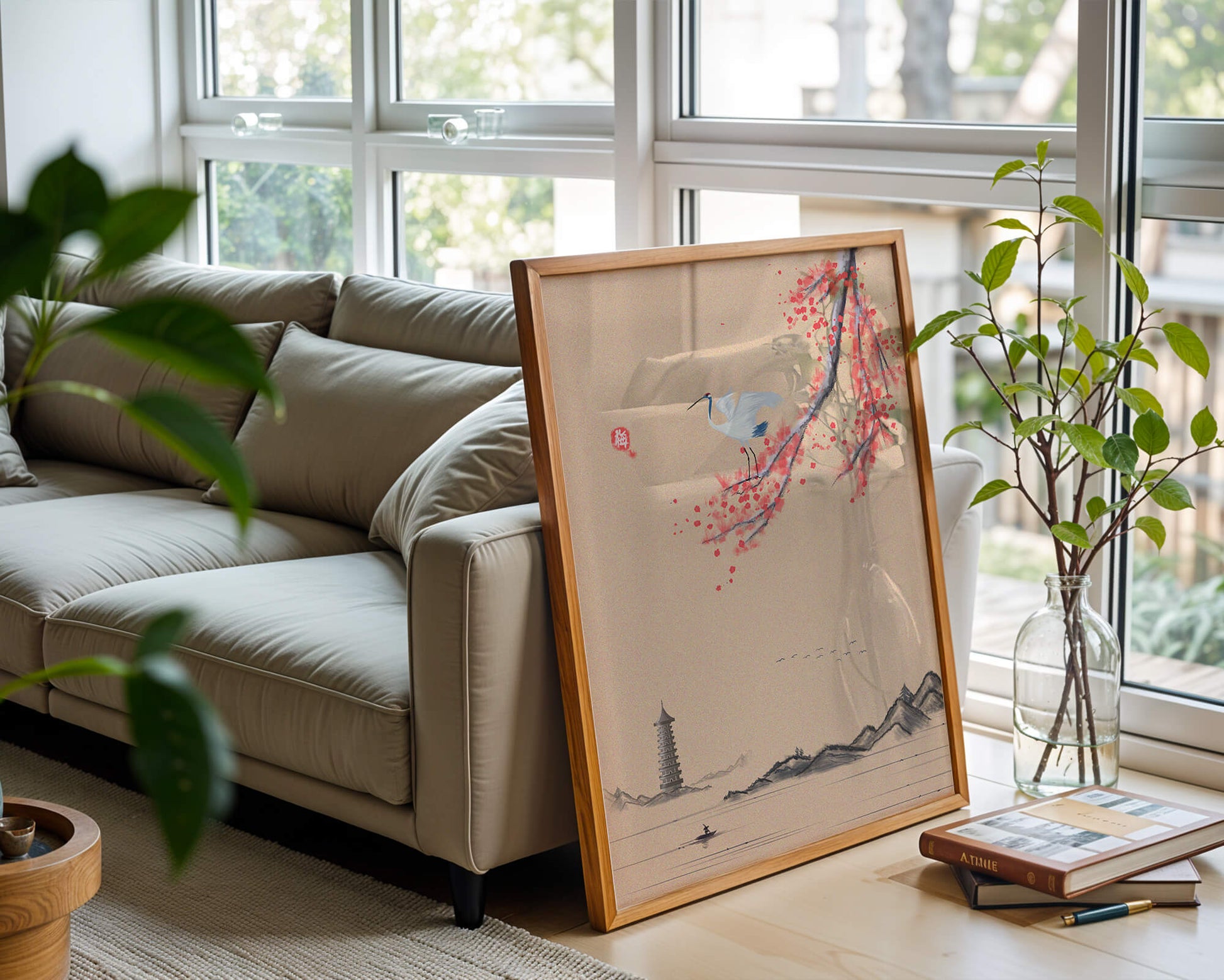 Serene landscape with crane and cherry blossom branch in East Asian style