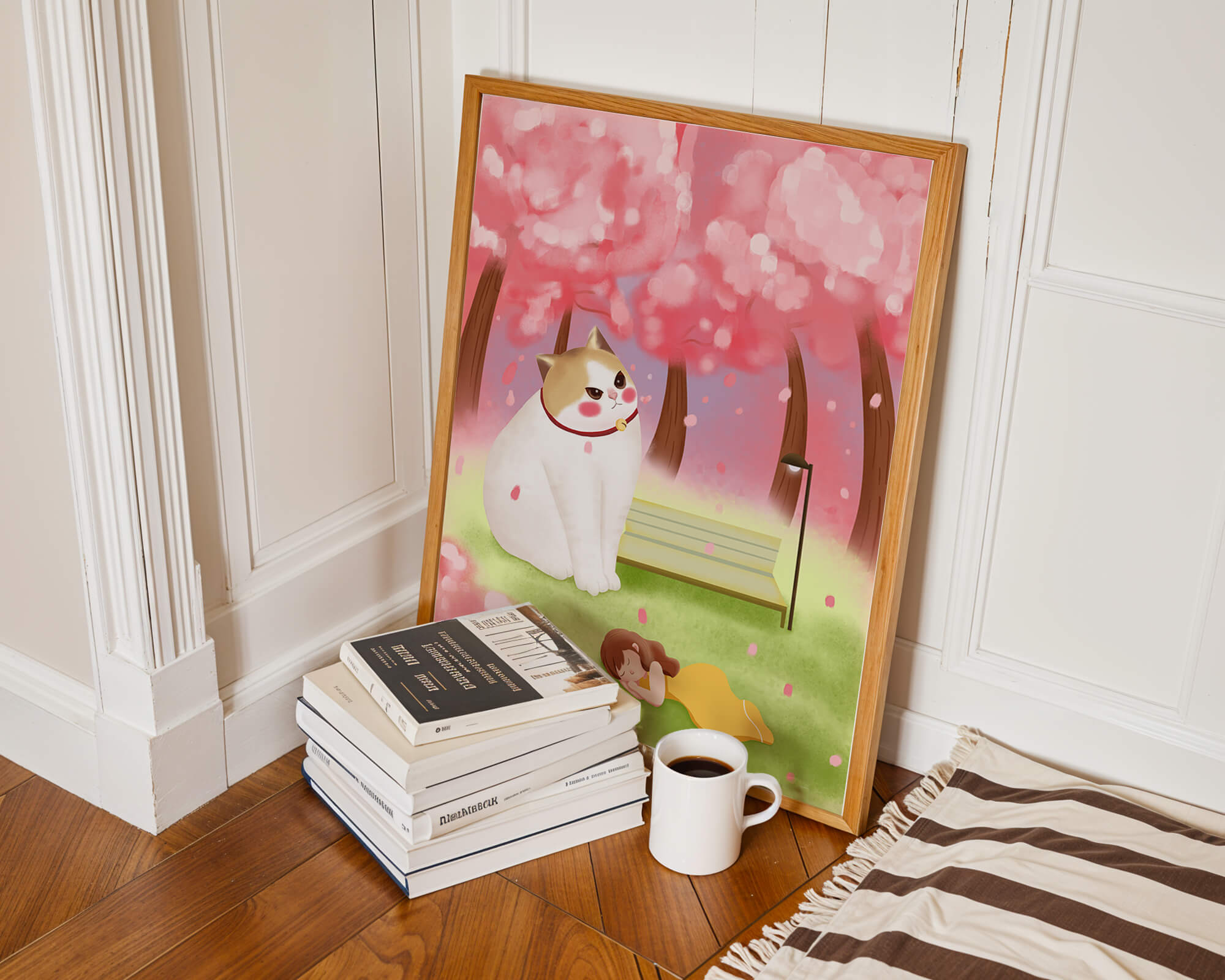 Whimsical scene with giant cat and girl under cherry blossoms