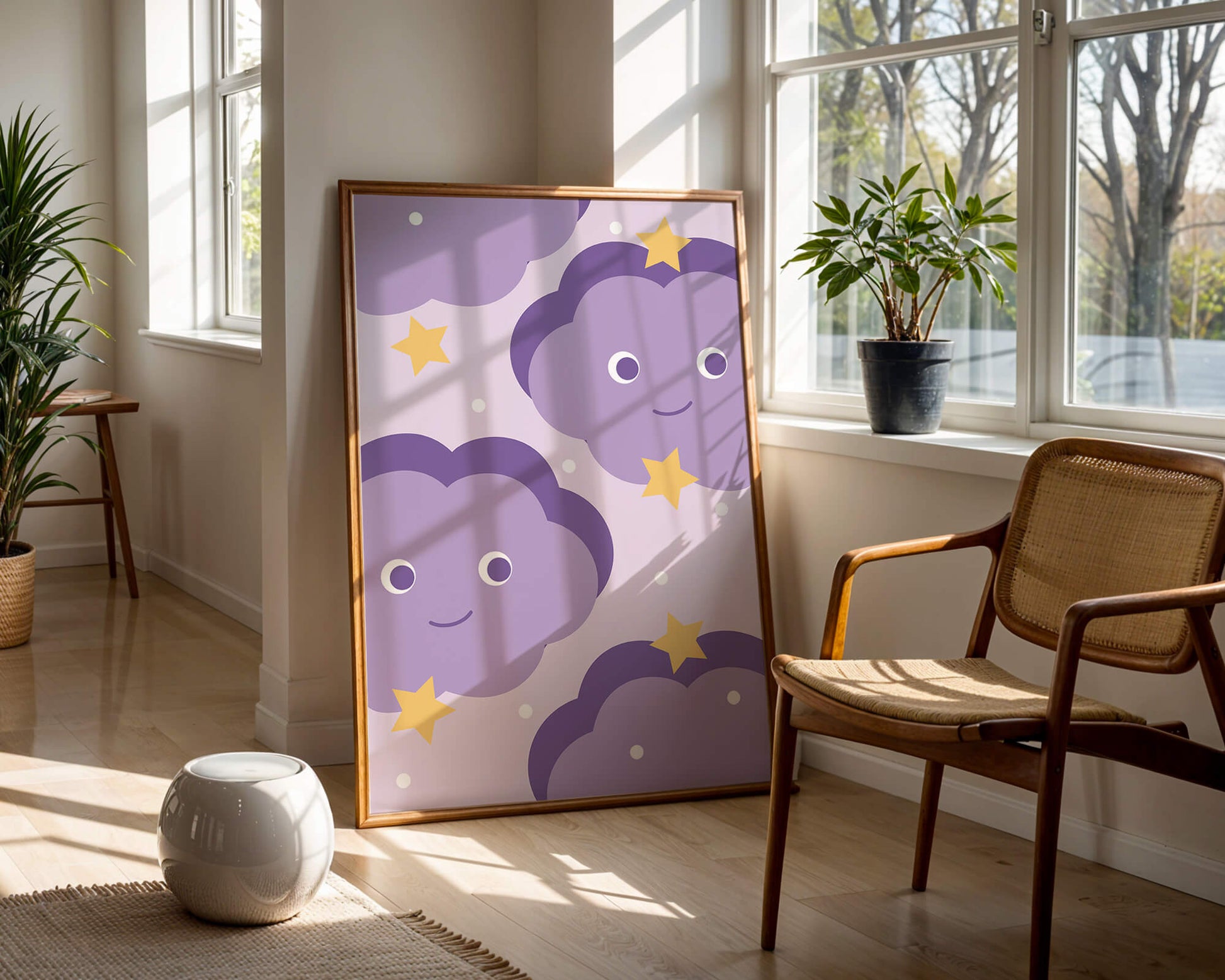 Whimsical purple cloud and star pattern for children's room decor