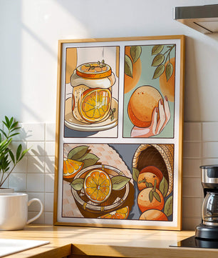 Ilustración colorida de naranjas y conservas con canasta