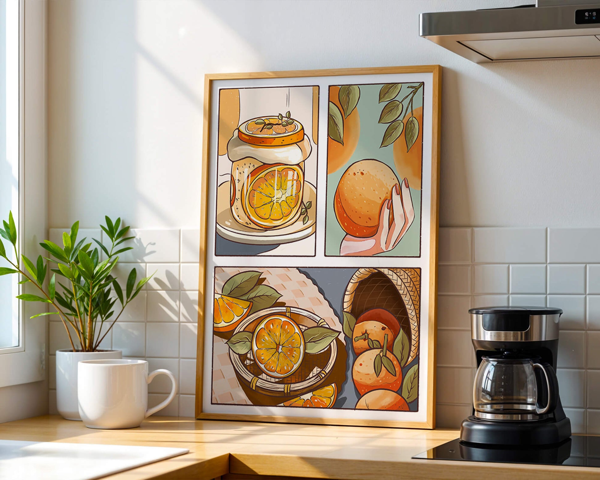 Ilustración colorida de naranjas y conservas con canasta