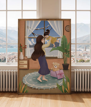 Mother and child bonding in a vibrant living room
