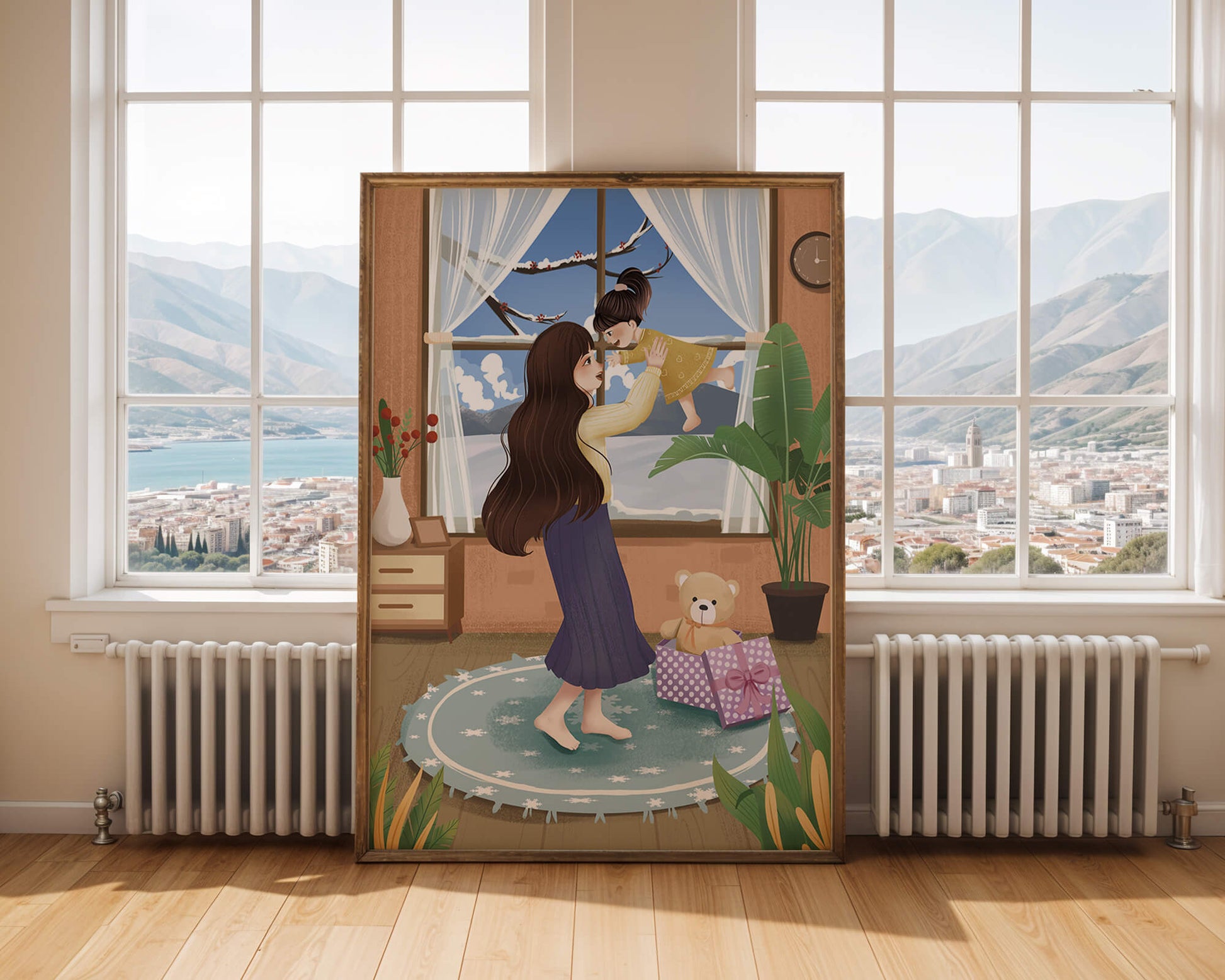 Mother and child bonding in a vibrant living room