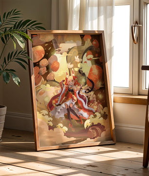 Vibrant fantasy scene with animated character and whimsical creatures