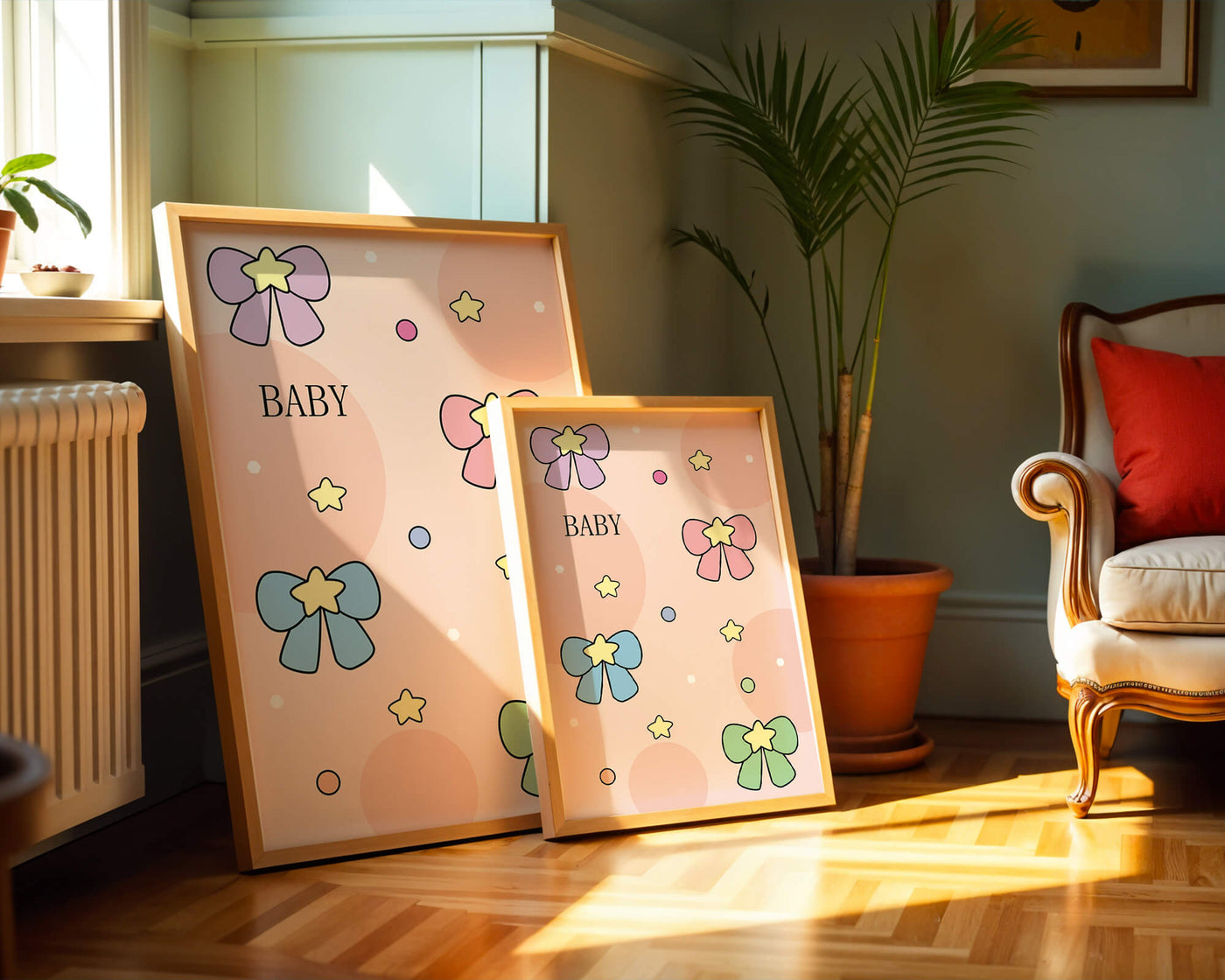 Colorful baby-themed backdrop with bows and stars
