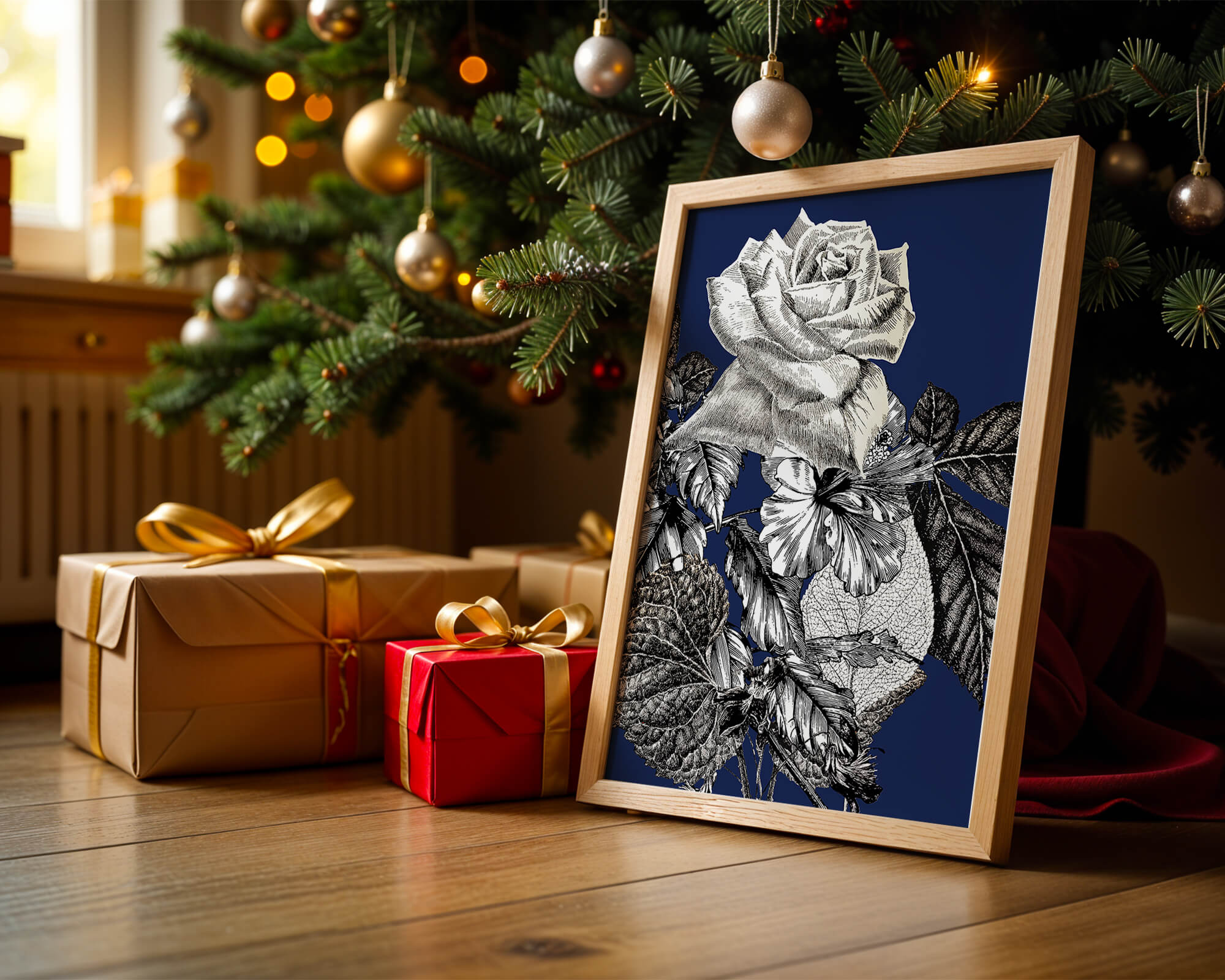 Intricate botanical illustration of roses and foliage on a deep blue background