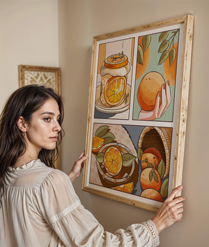 Ilustración colorida de naranjas y conservas con canasta