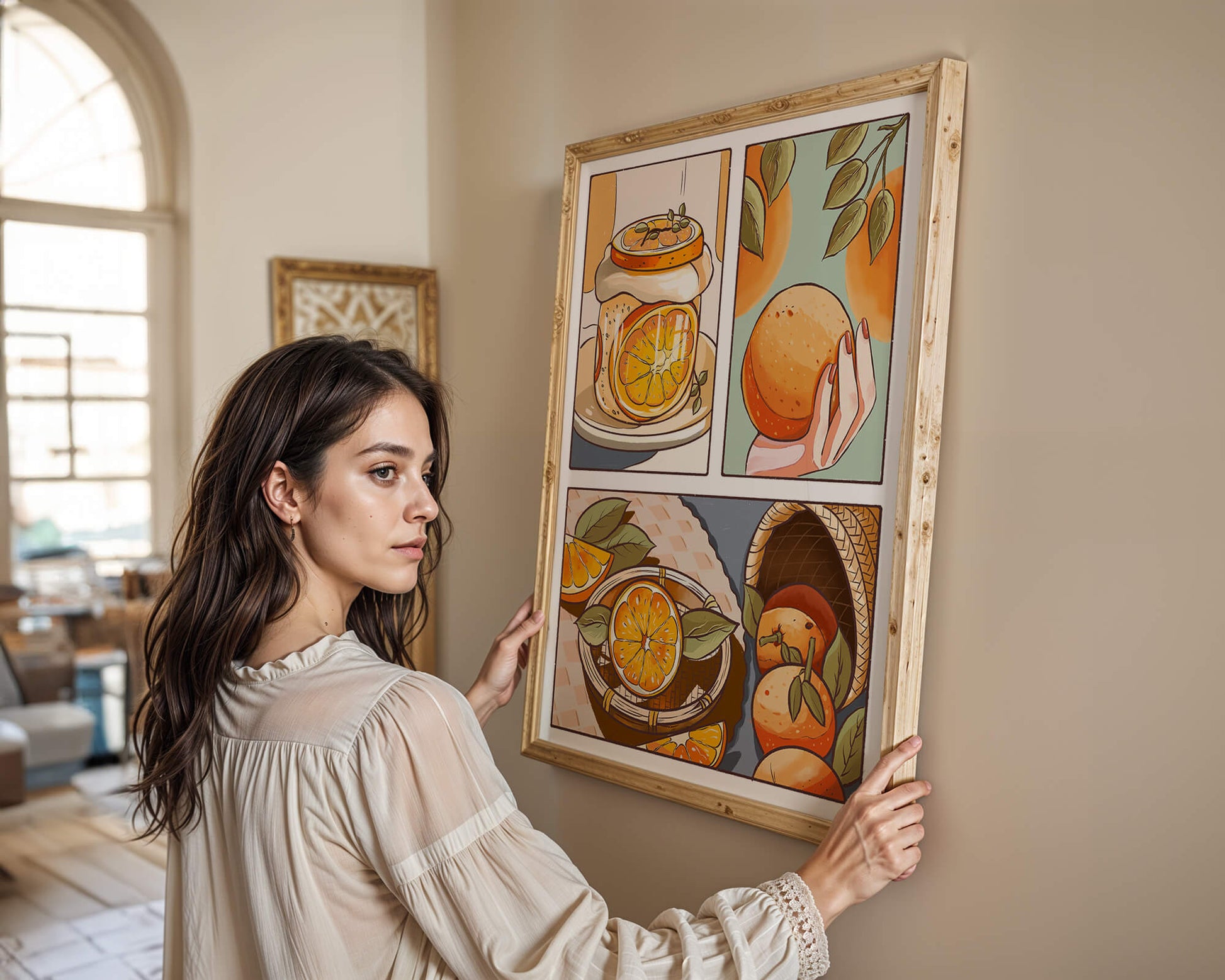 Ilustración colorida de naranjas y conservas con canasta