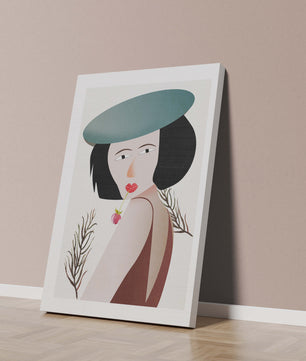 Mujer con sombrero azul y flor en estilo arte moderno