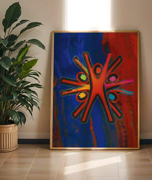 Abstract art with dynamic figures and vibrant colors