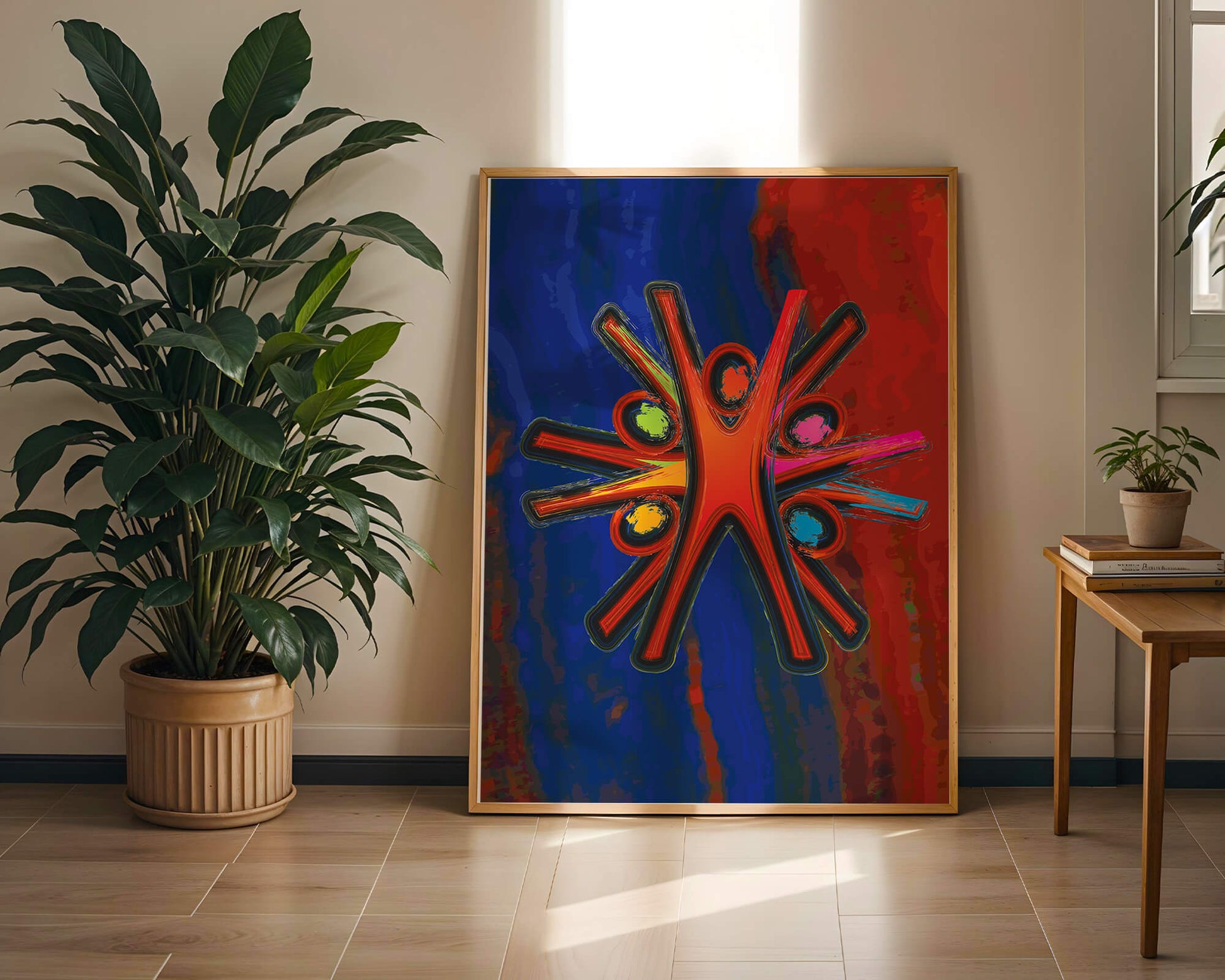 Abstract art with dynamic figures and vibrant colors