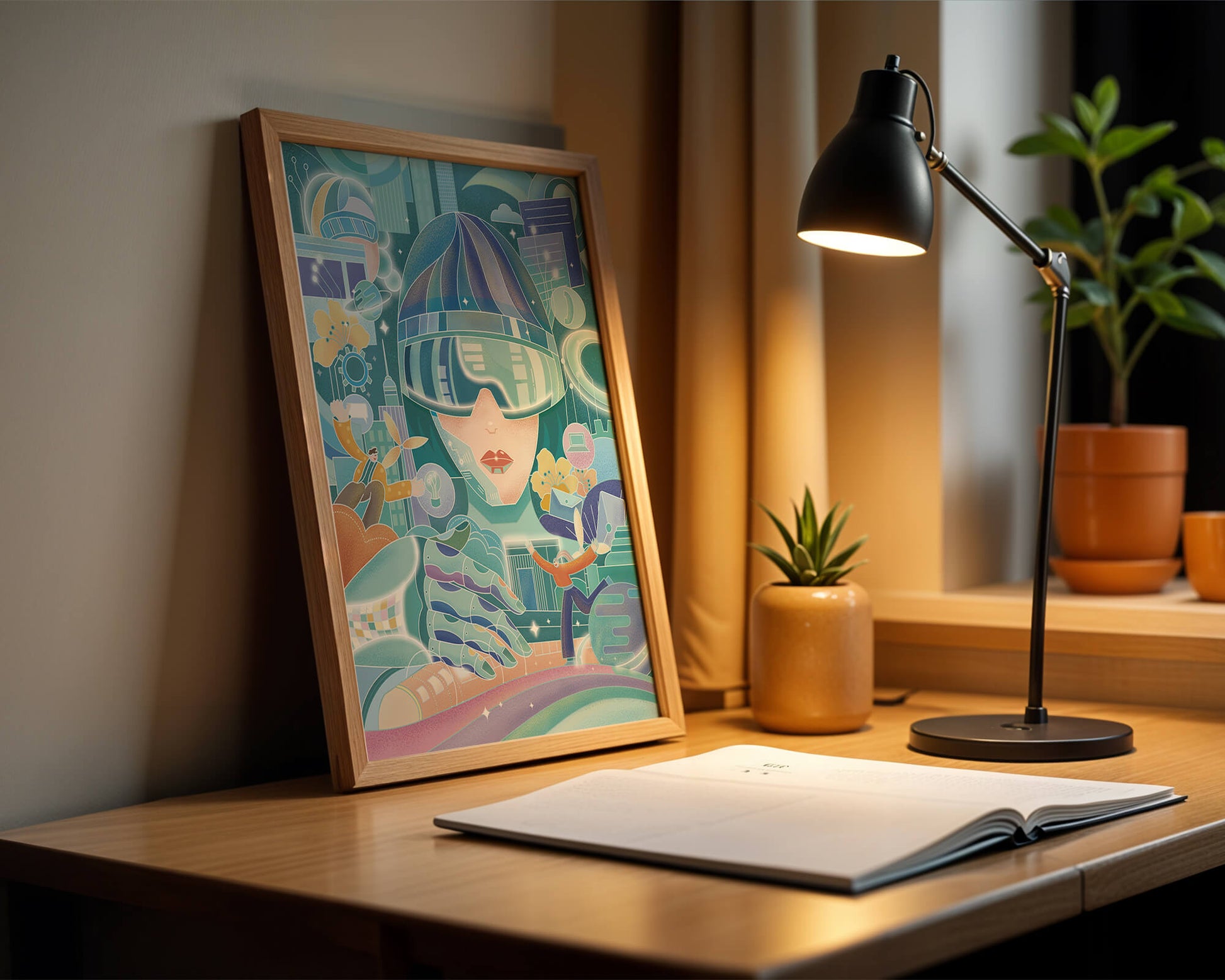 Futuristic digital art with virtual reality and technology themes