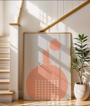 Katzensilhouette mit Ballon auf minimalistischem Kreishintergrund