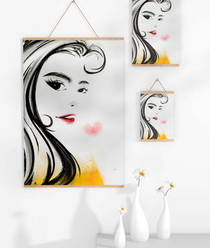 Dibujo de retrato elegante con labios rojos y motivo de corazón