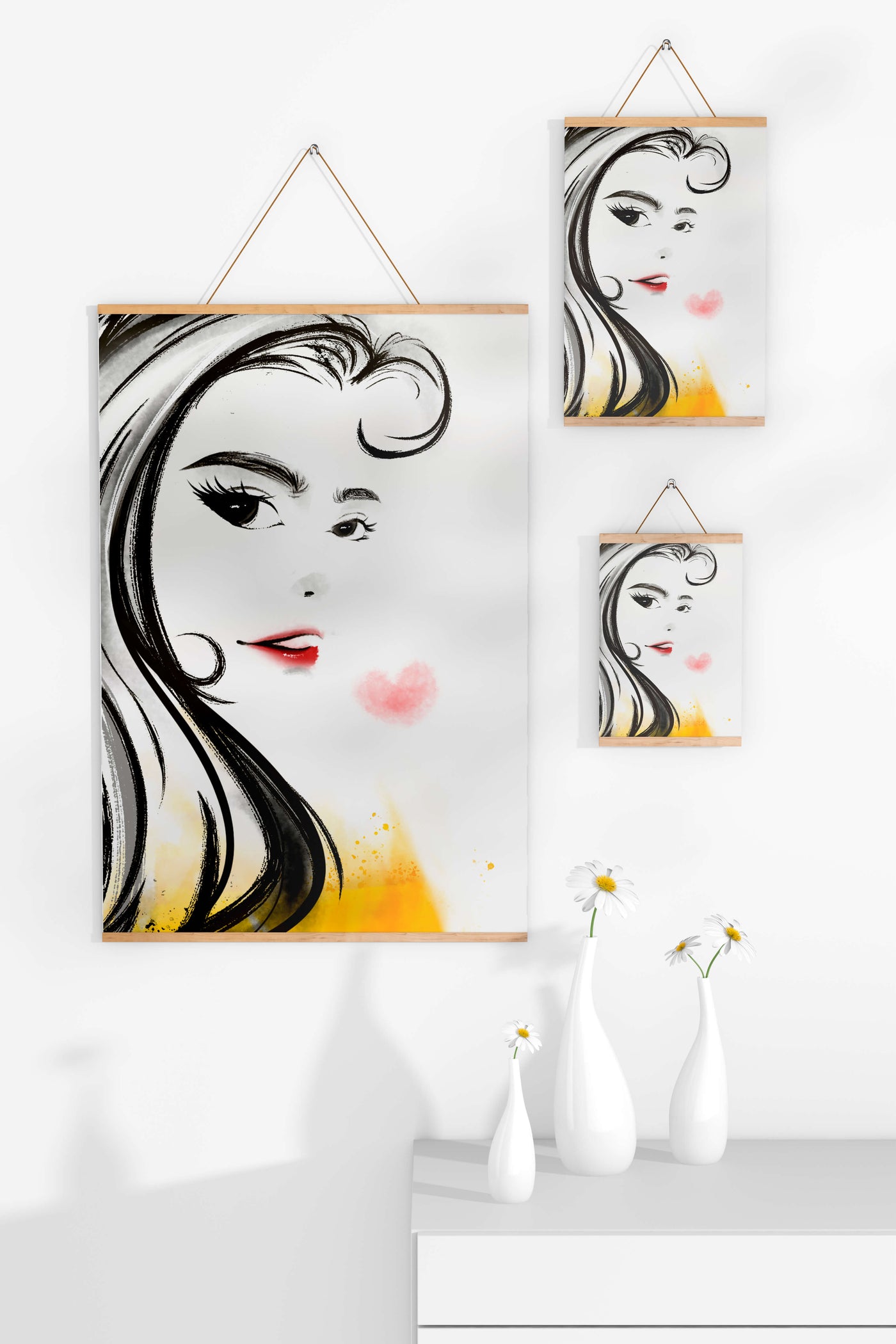 Elegant portrait sketch with red lips and a heart motif