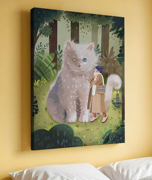 Verzauberter Wald mit einer riesigen Katze und einer Frau