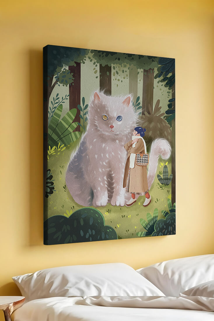 Verzauberter Wald mit einer riesigen Katze und einer Frau