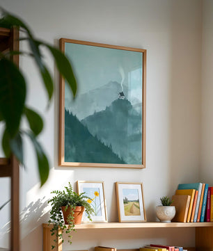 Paisaje montañoso sereno con una cabaña acogedora y fondo brumoso