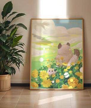Whimsical Scene of Fluffy Cat and Kitten Among Yellow Flowers
