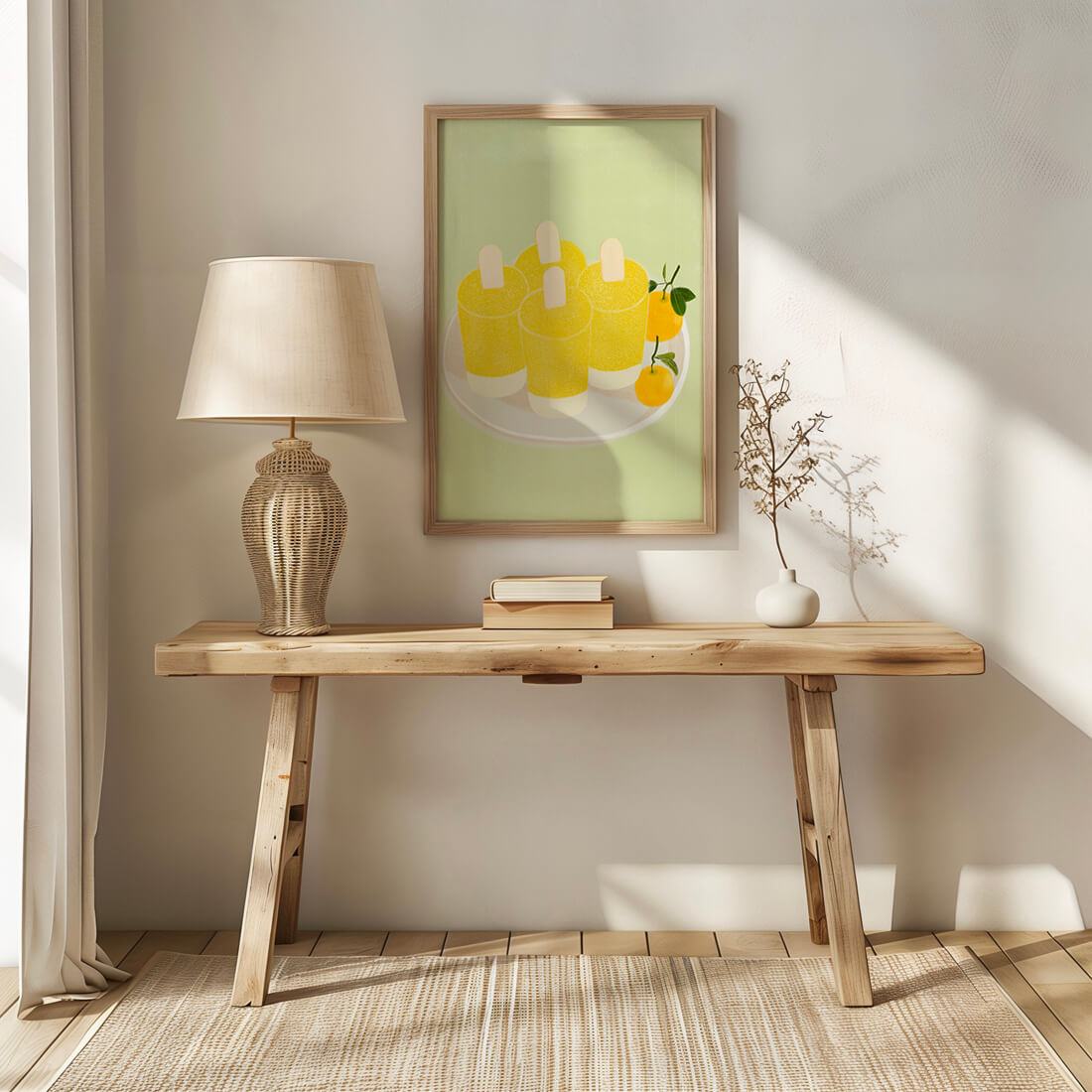 Illustration of yellow popsicles and oranges on a plate