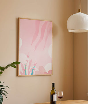 Diseño floral abstracto en rosa suave con hojas estilizadas y ondas