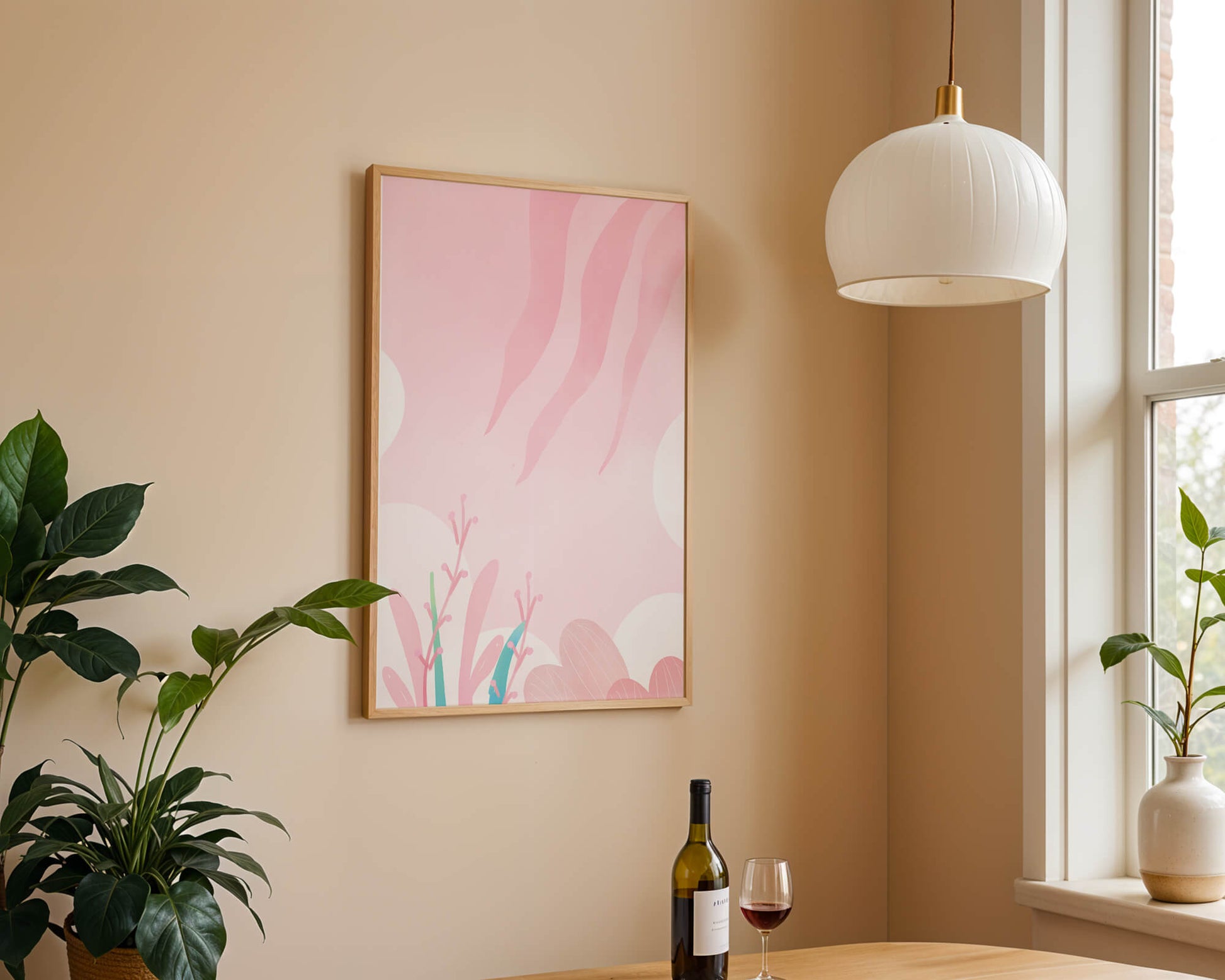 Soft Pink Abstract Floral Design with Stylized Leaves and Waves