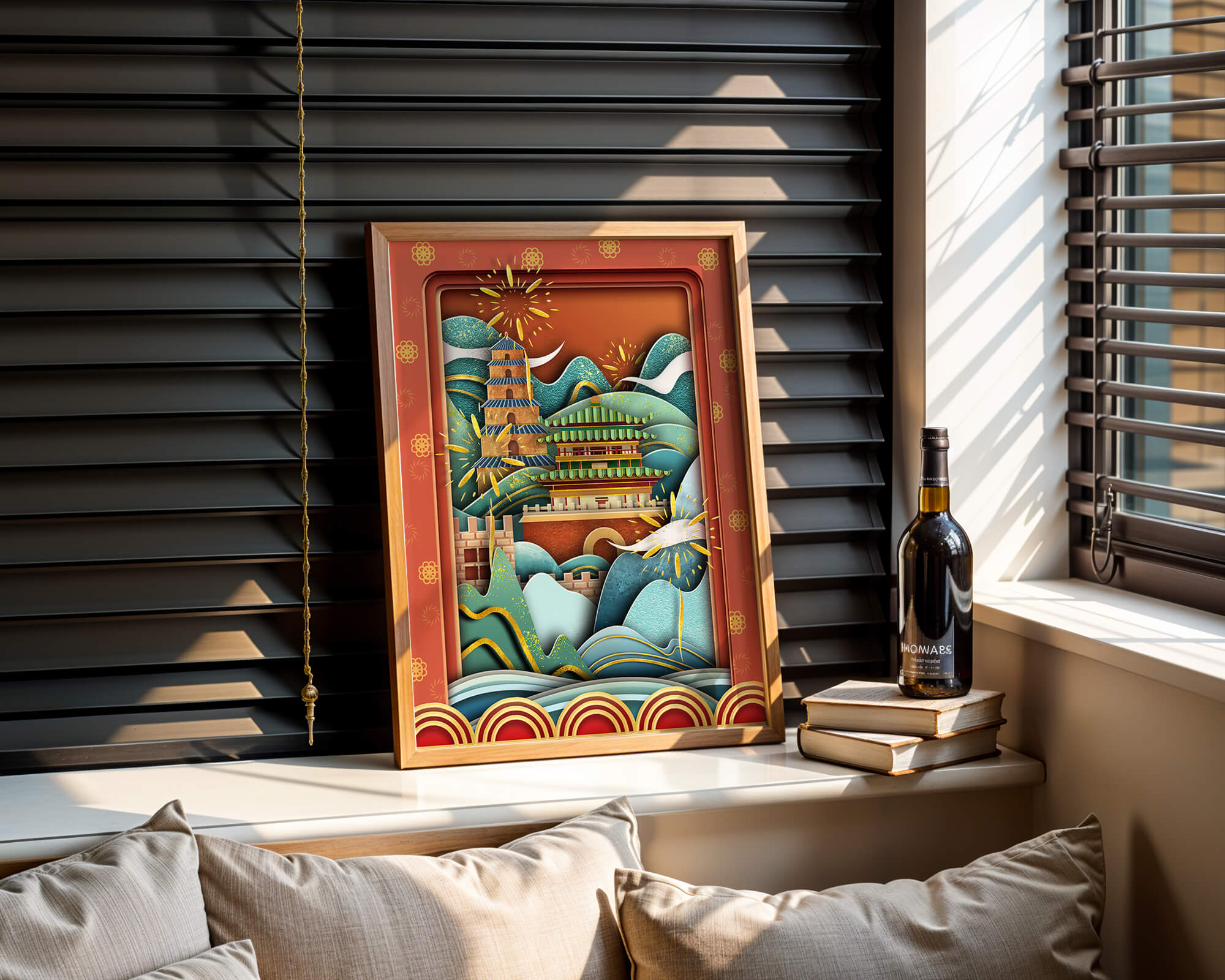 Illustrated Asian landscape with fireworks and traditional architecture