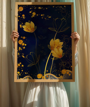Diseño floral elegante con flores doradas sobre fondo azul marino