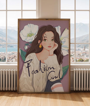 Illustrated fashion girl with floral background and purple theme