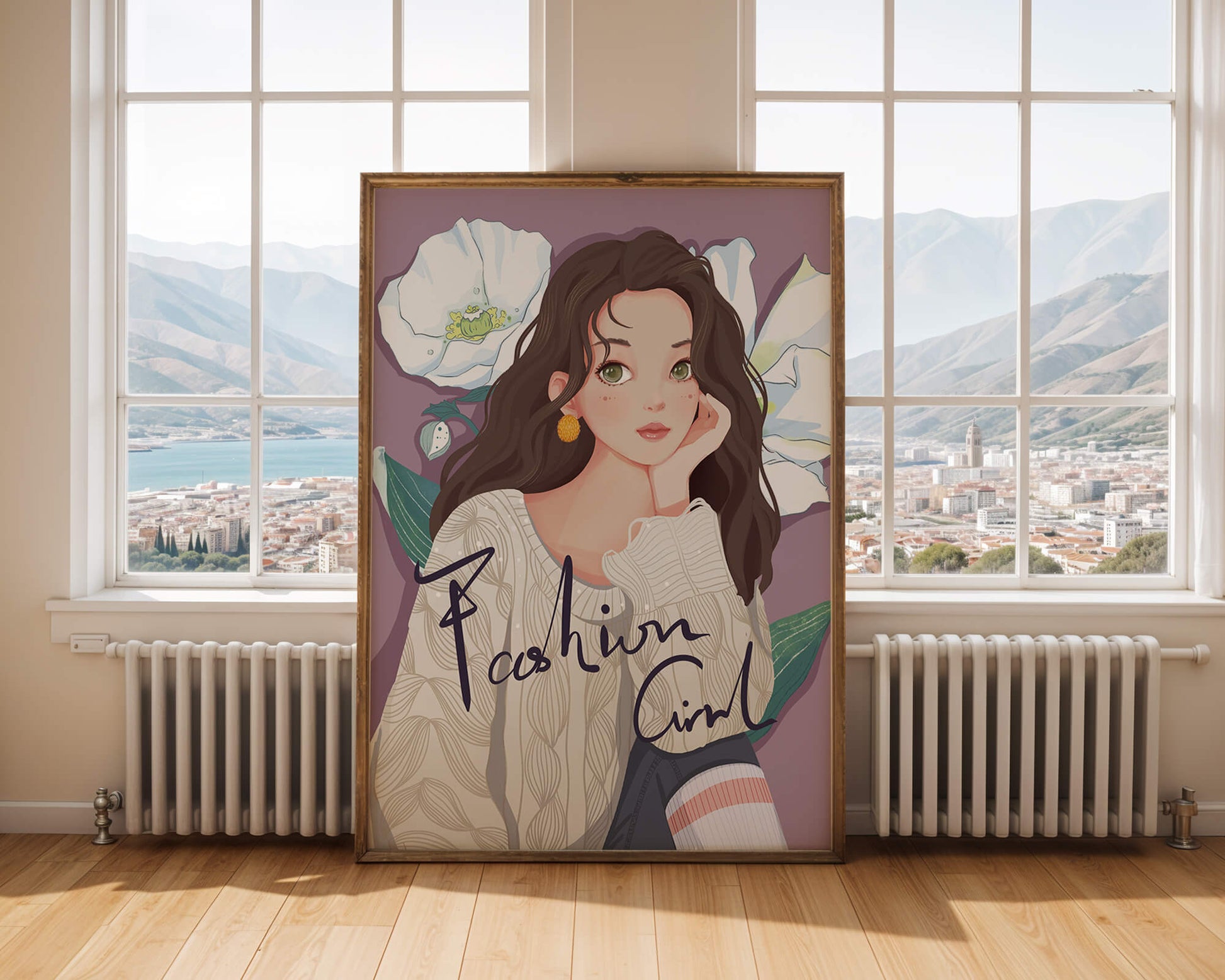 Illustrated fashion girl with floral background and purple theme