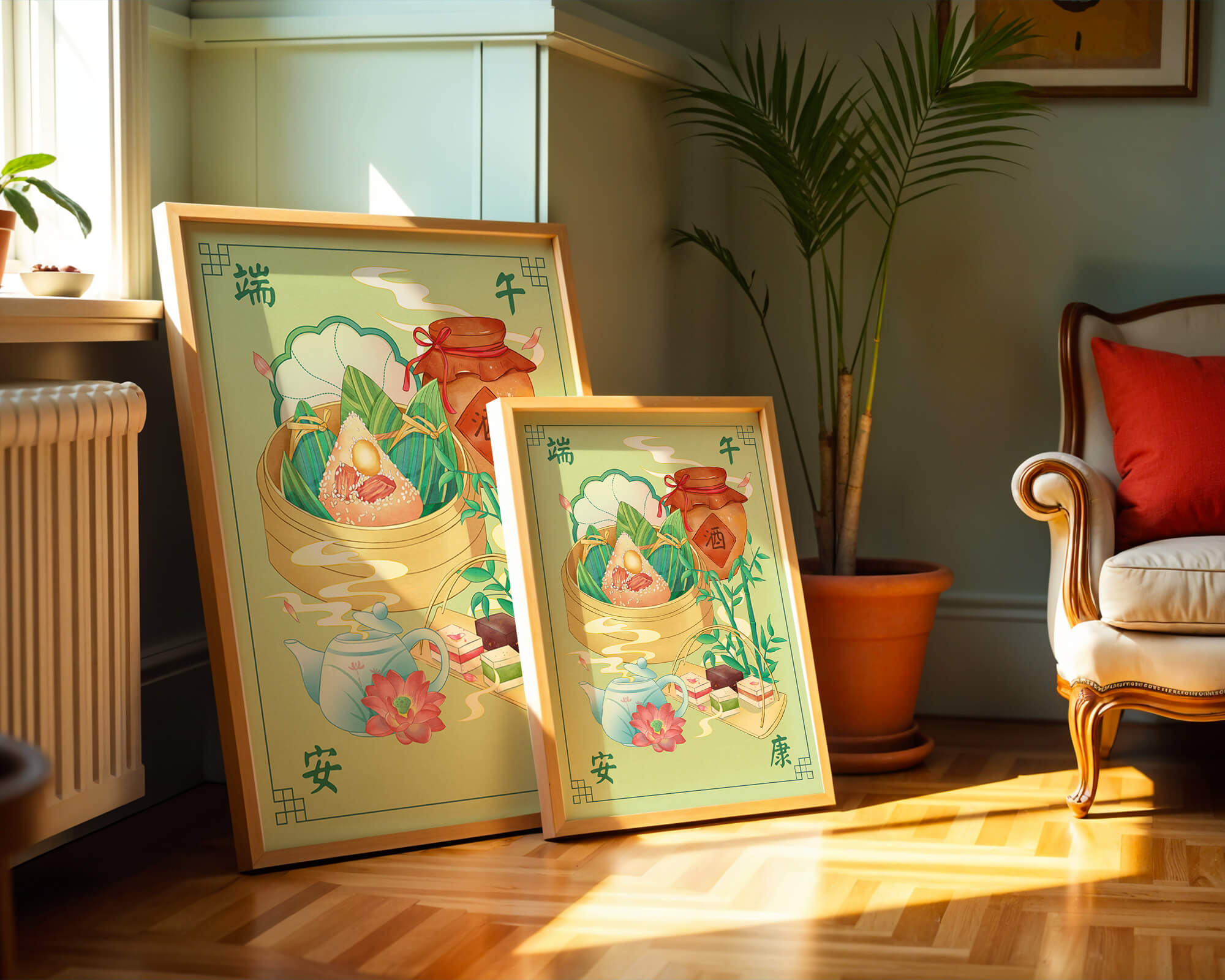 Chinese festive food illustration featuring traditional rice dumplings and tea set