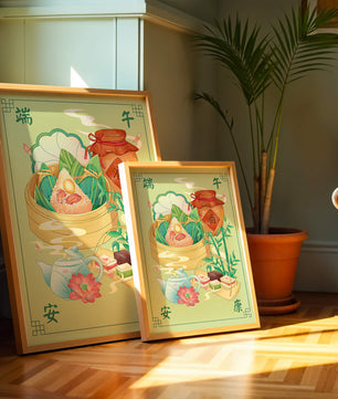 Illustration de nourriture festive chinoise mettant en scène des zongzi traditionnels et un service à thé