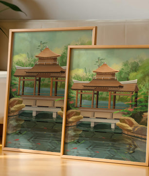 Traditional Japanese Garden Pavilion with Scenic Pond and Lush Greenery
