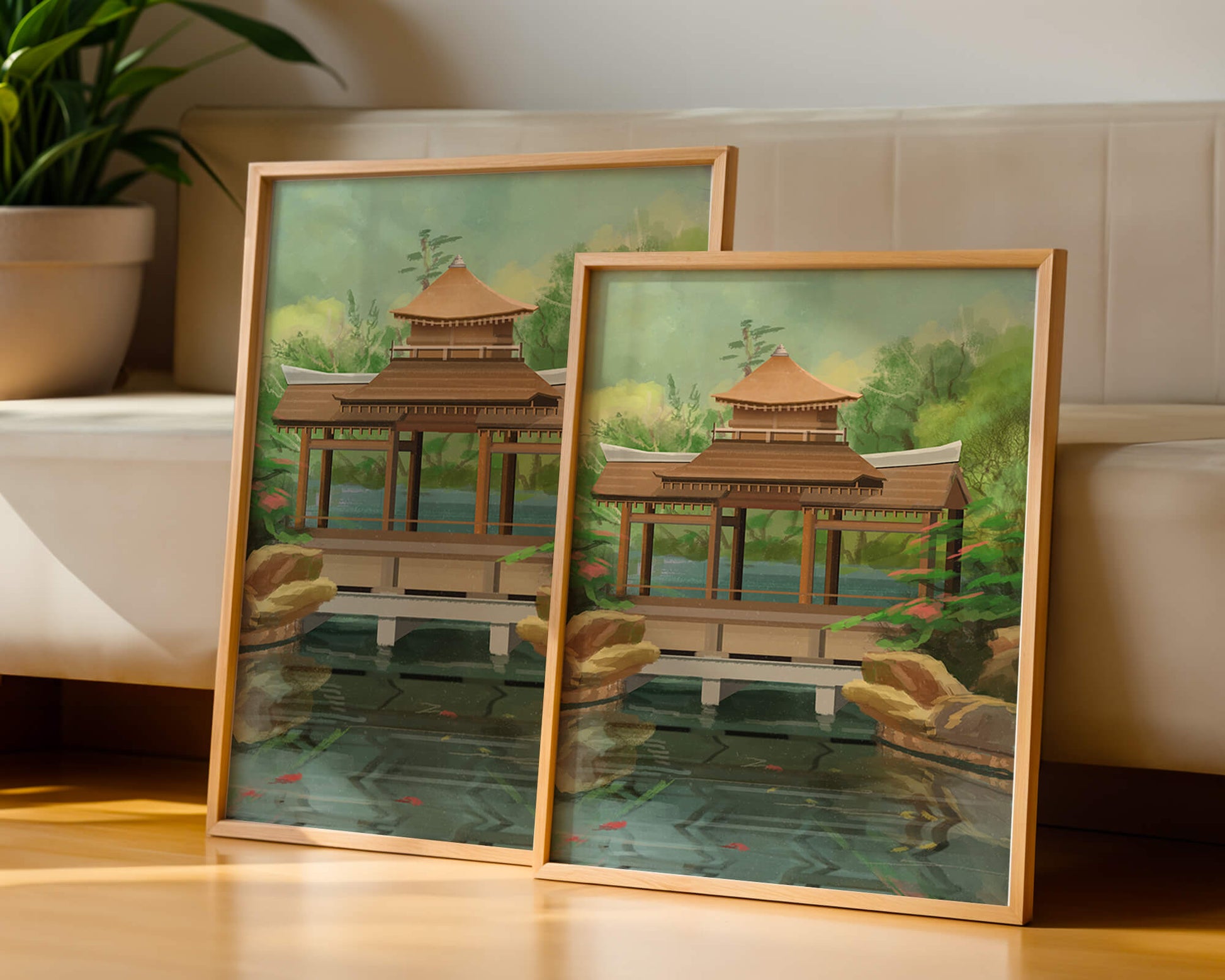 Traditional Japanese Garden Pavilion with Scenic Pond and Lush Greenery