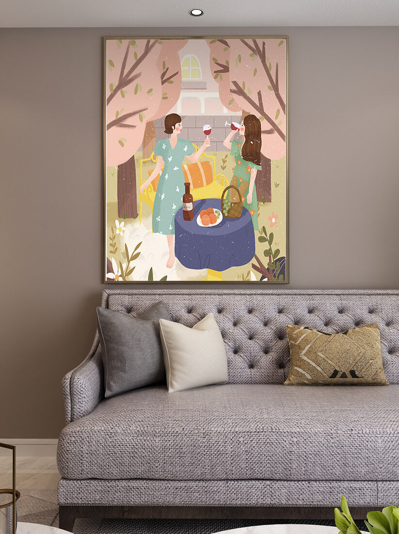 Reunión primaveral en el jardín con vino y frutas