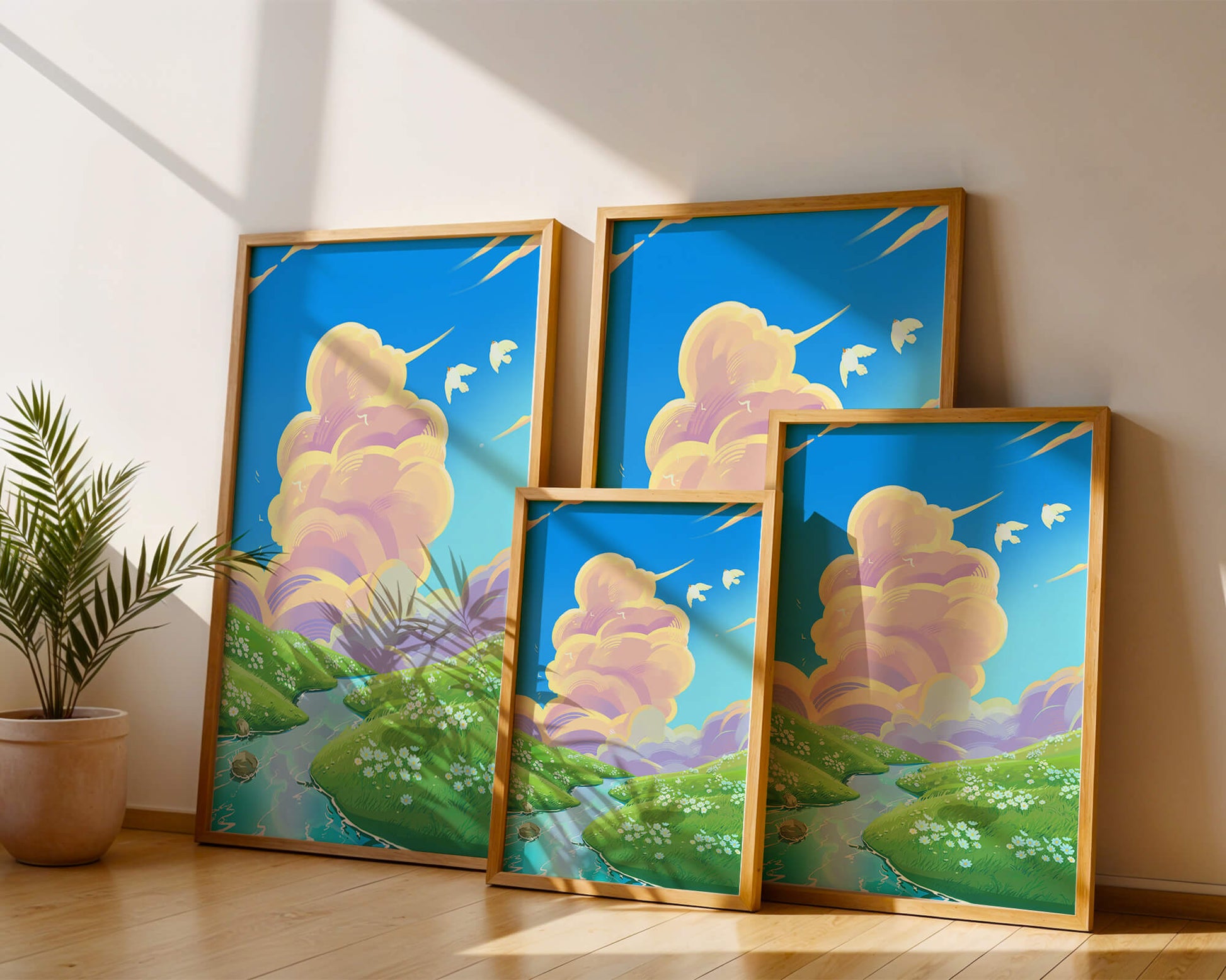 Serene landscape with rolling hills, stream, and vibrant sky
