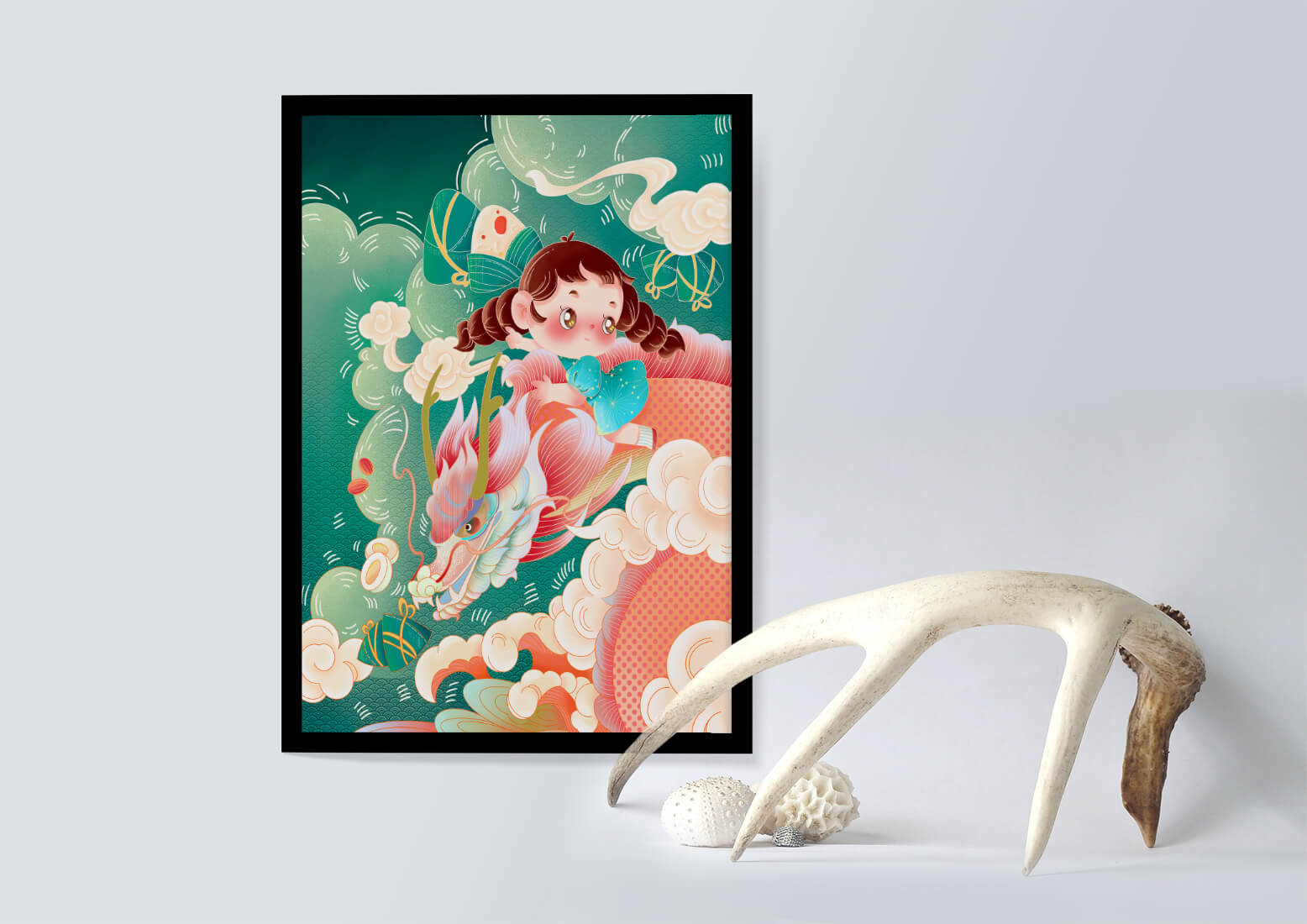 Whimsical scene of a girl riding a dragon through clouds