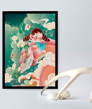 Whimsical scene of a girl riding a dragon through clouds