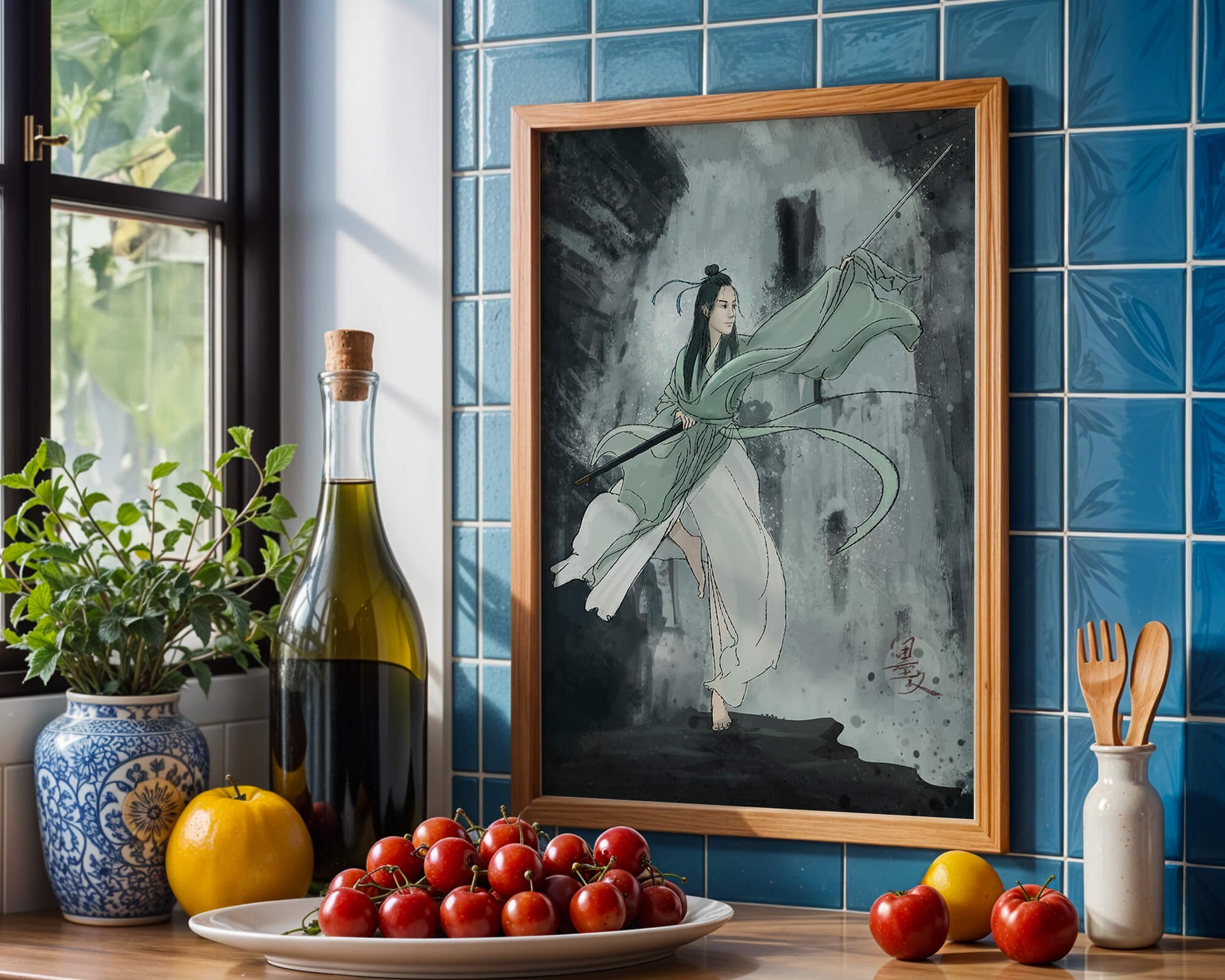 Dynamic illustration of a warrior in flowing robes with a spear