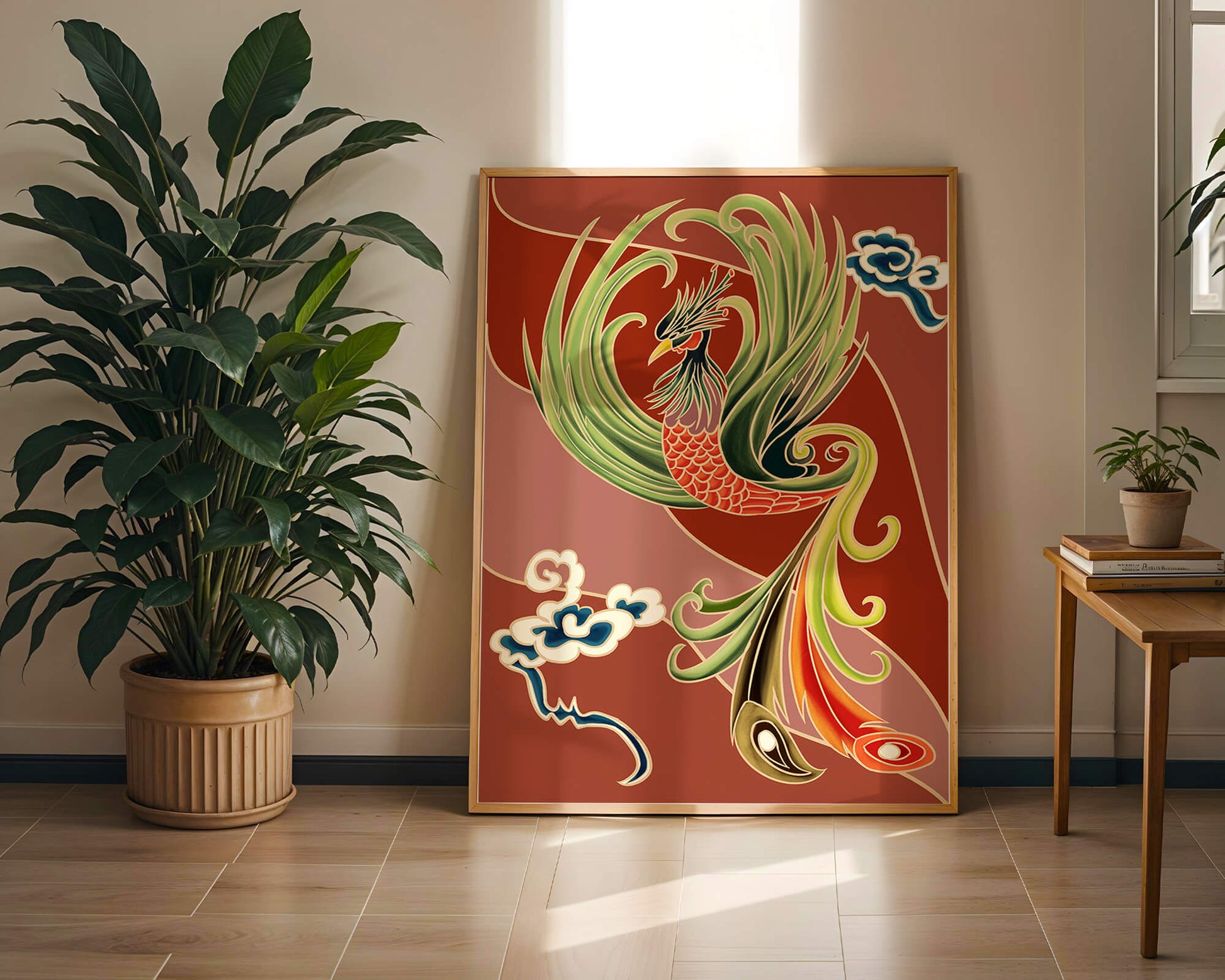 Stylized phoenix illustration with vibrant colors and clouds