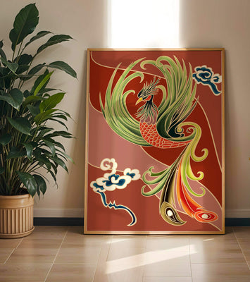 Stylized phoenix illustration with vibrant colors and clouds