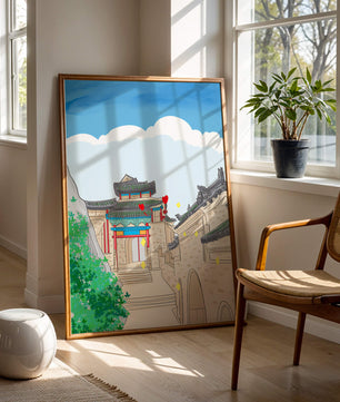 Arquitectura china tradicional con toques vibrantes y fondo escénico
